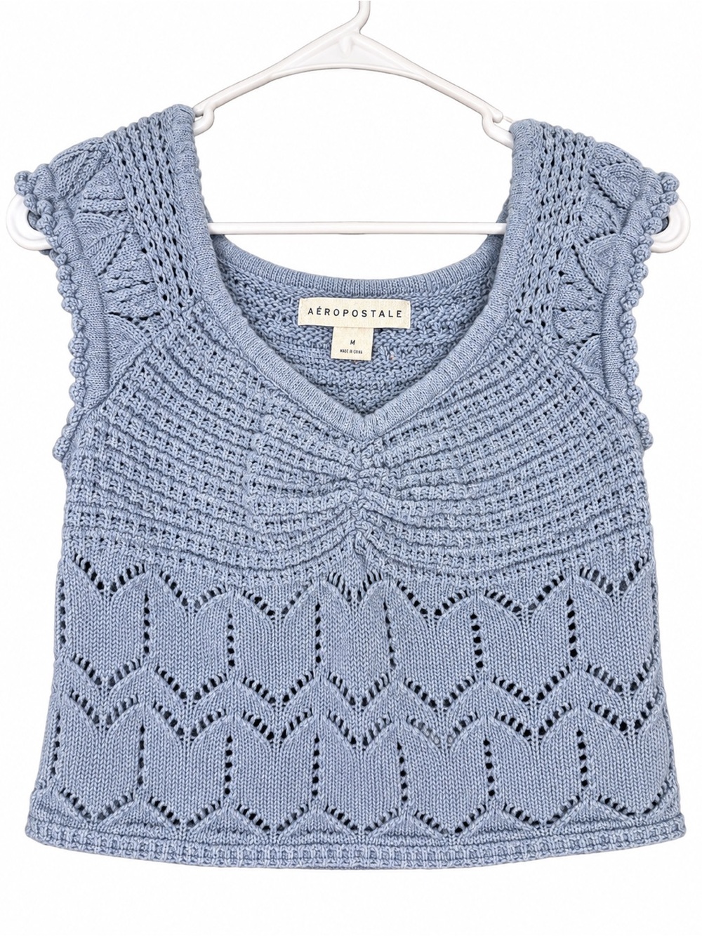 Aéropostale Dusty Blue Pointelle Knit Crop Top Size M Ruffle Sleeve Y2K Coquette
